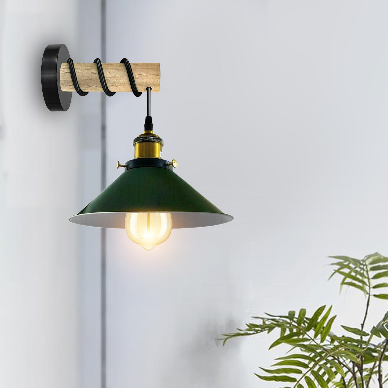 Modern Combined Solid Wooden Arm Chandelier Lighting With Green Cone Shaped Metal Shade wall sconce~3473