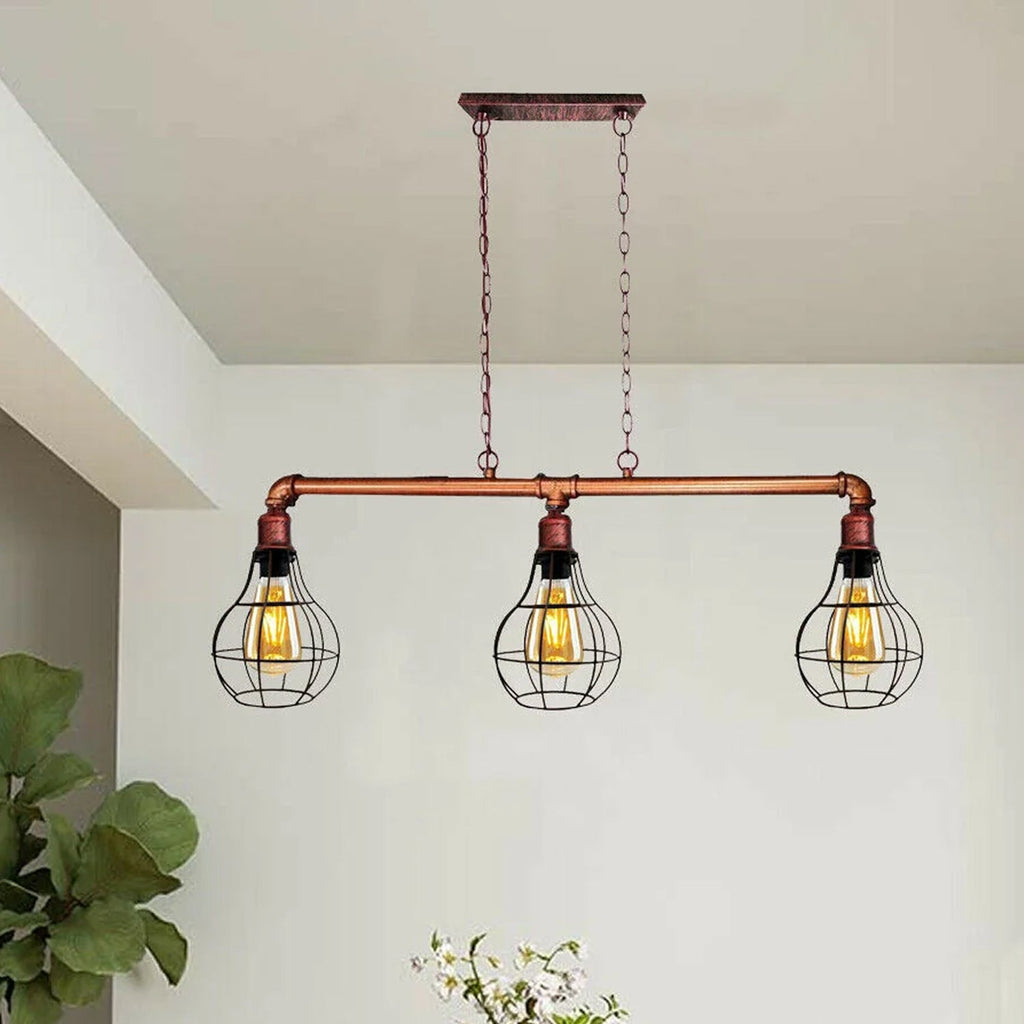 Rustic Red Retro Pendant Pipe Light 3 Head Cage Suspended Lights ~1791