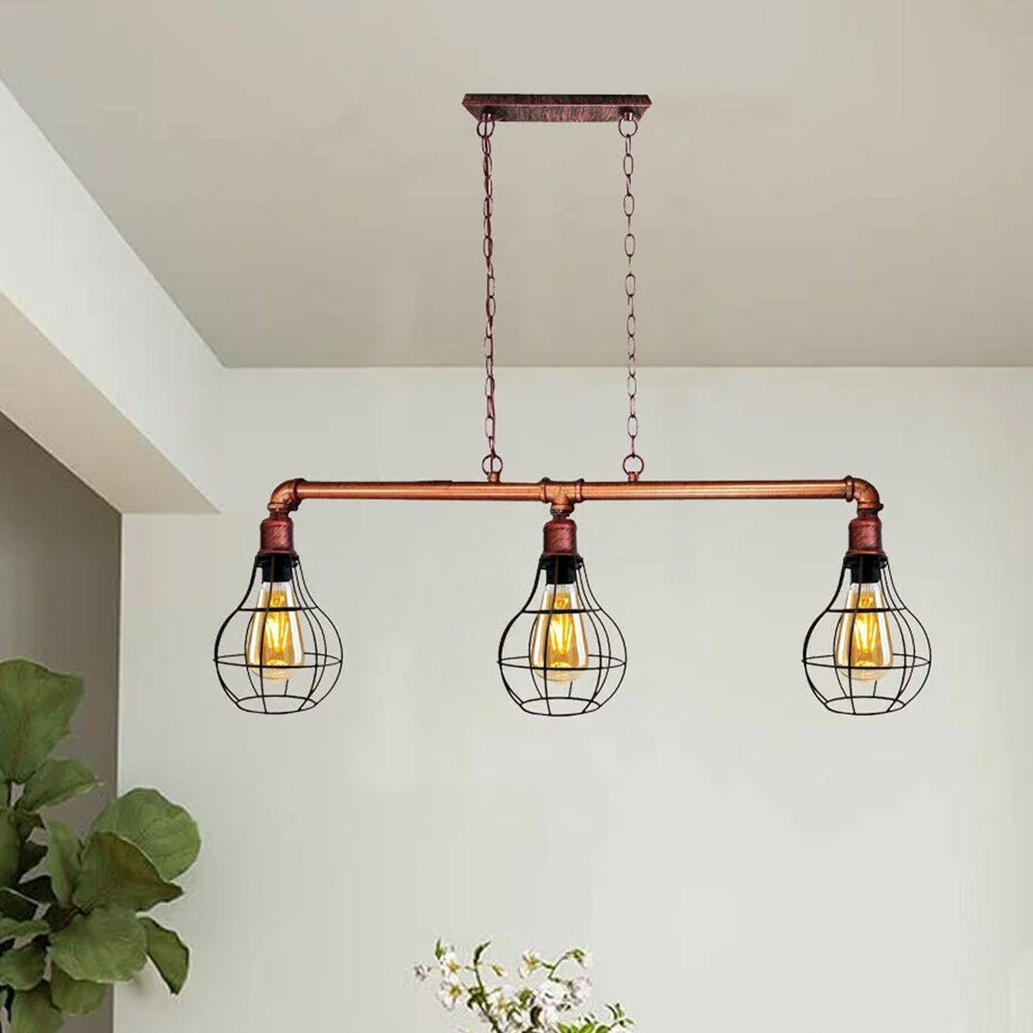 Rustic Red Retro Pendant Pipe Light 3 Head Cage Suspended Lights ~1791