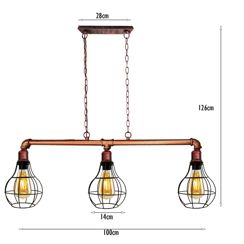 Rustic Red Retro Pendant Pipe Light 3 Head Cage Suspended Lights ~1791