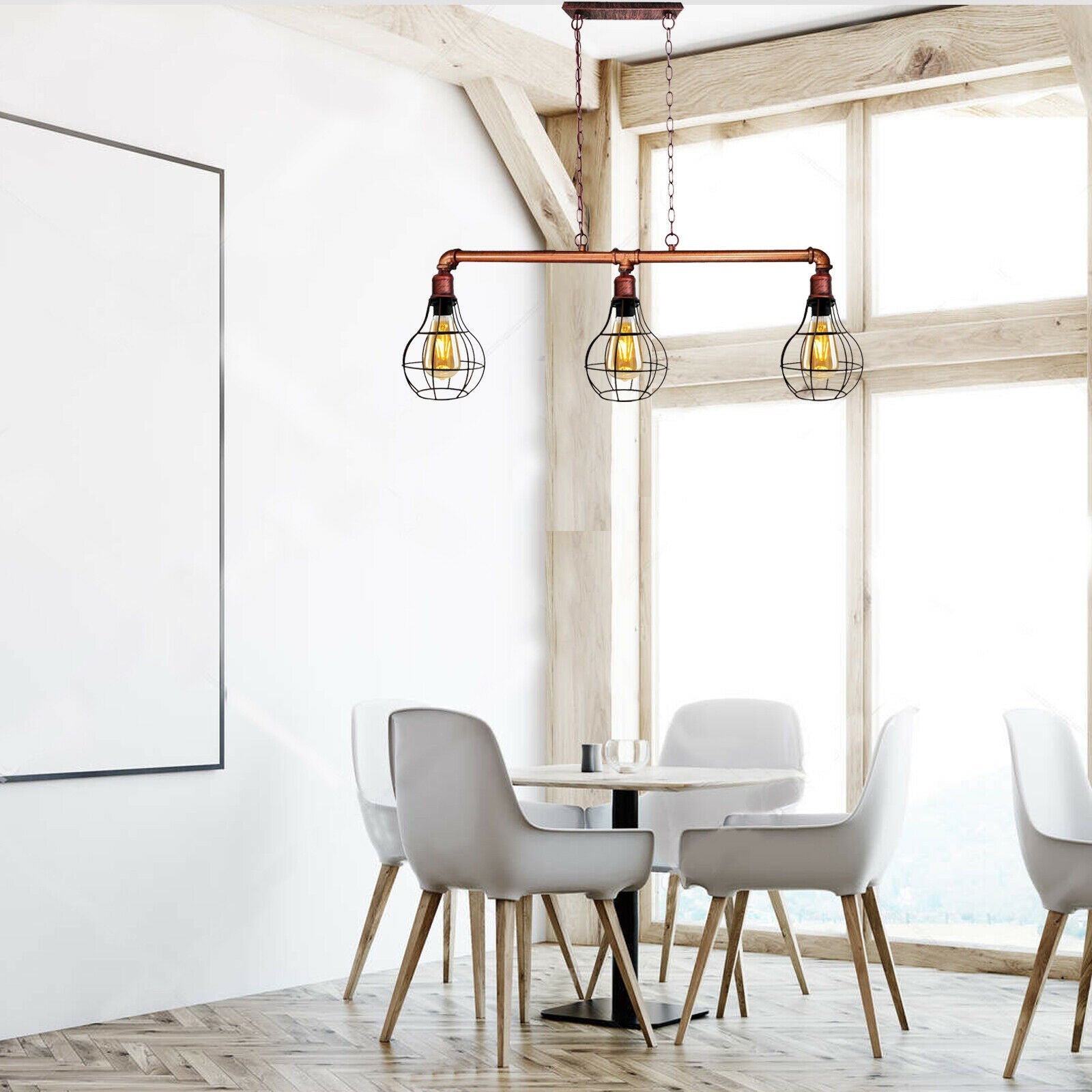 Rustic Red Retro Pendant Pipe Light 3 Head Cage Suspended Lights ~1791