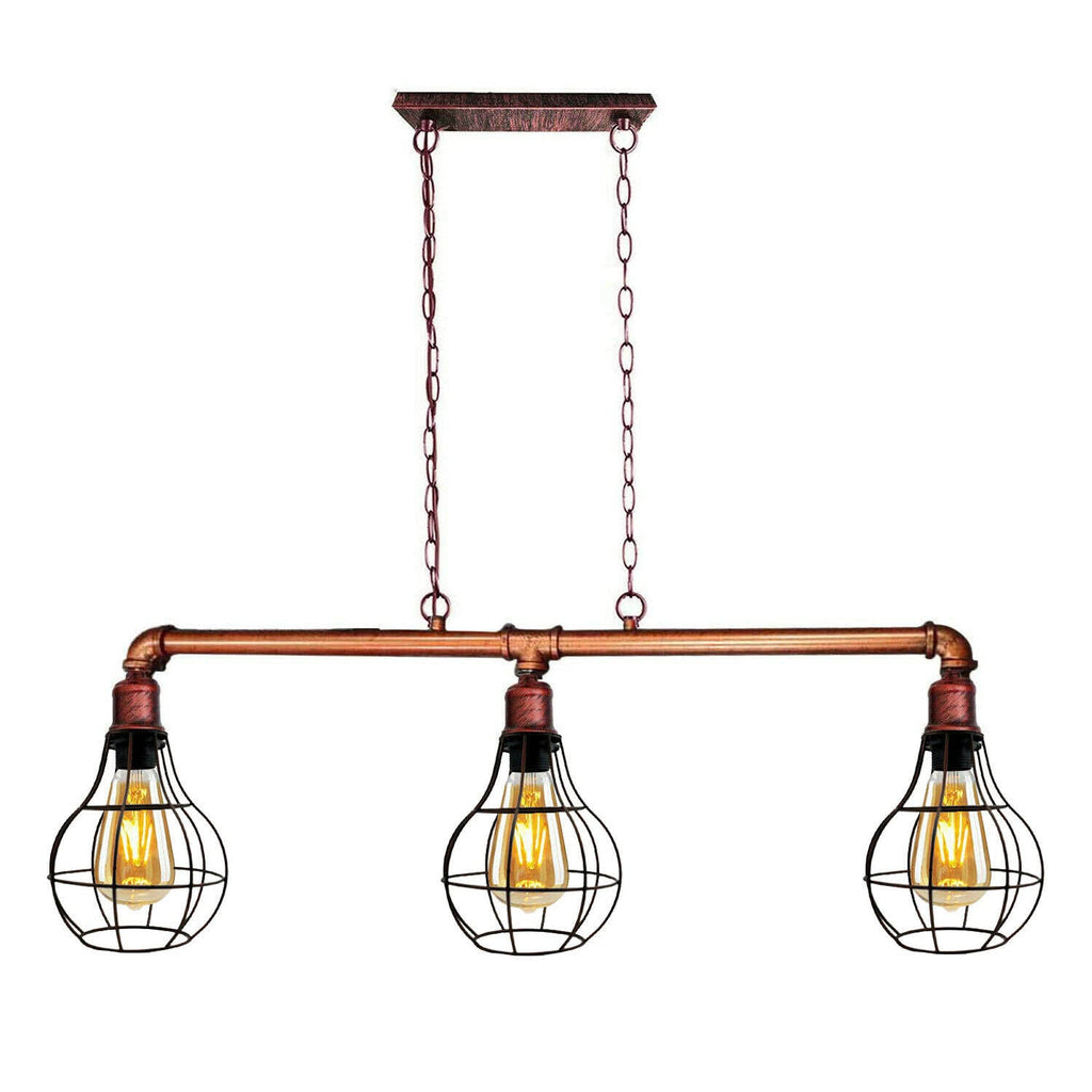 Rustic Red Retro Pendant Pipe Light 3 Head Cage Suspended Lights ~1791