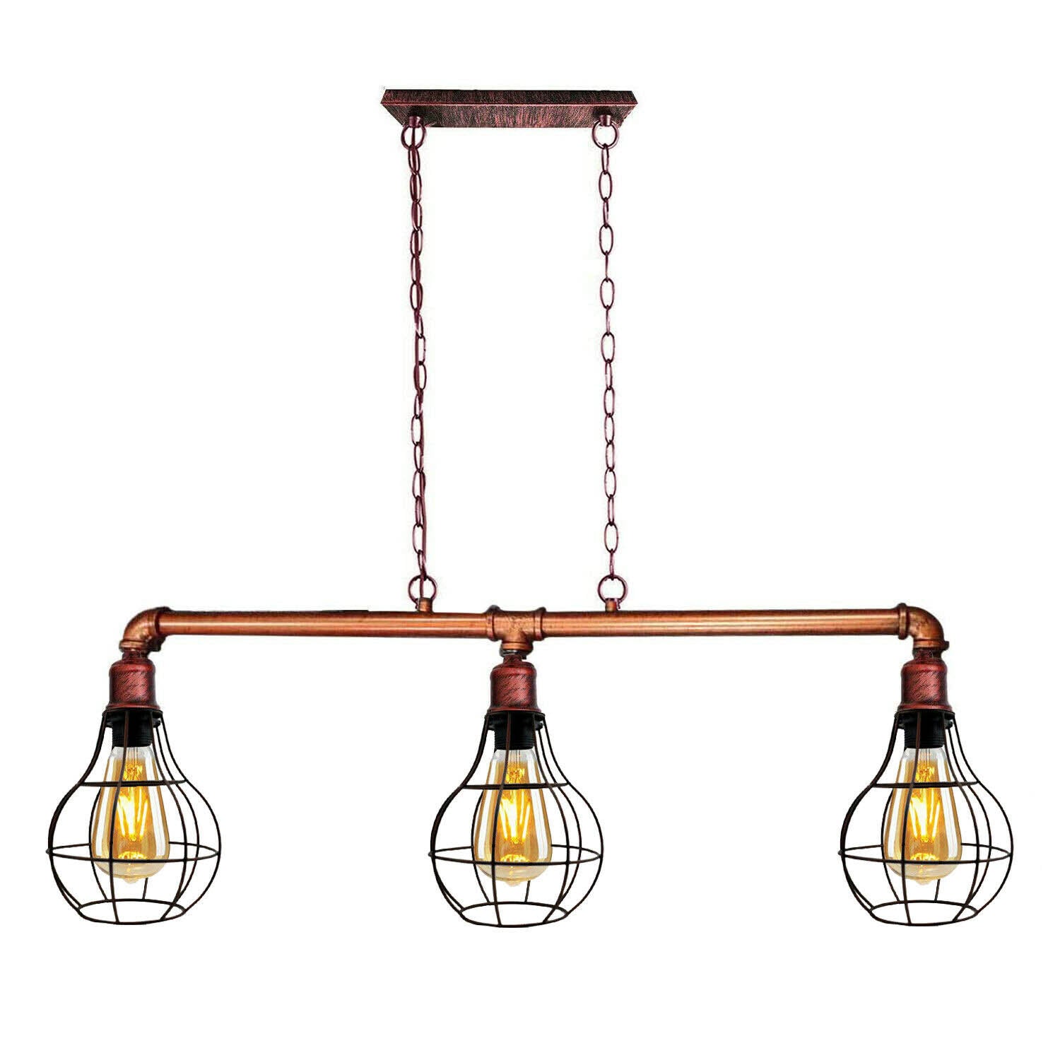 Rustic Red Retro Pendant Pipe Light 3 Head Cage Suspended Lights ~1791